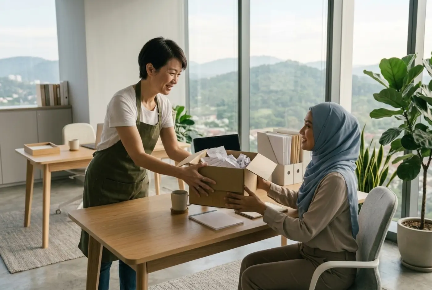 系着围裙的咖啡店老板把一箱收据递给 AcuBooks 办公室的 Nur Aisyah