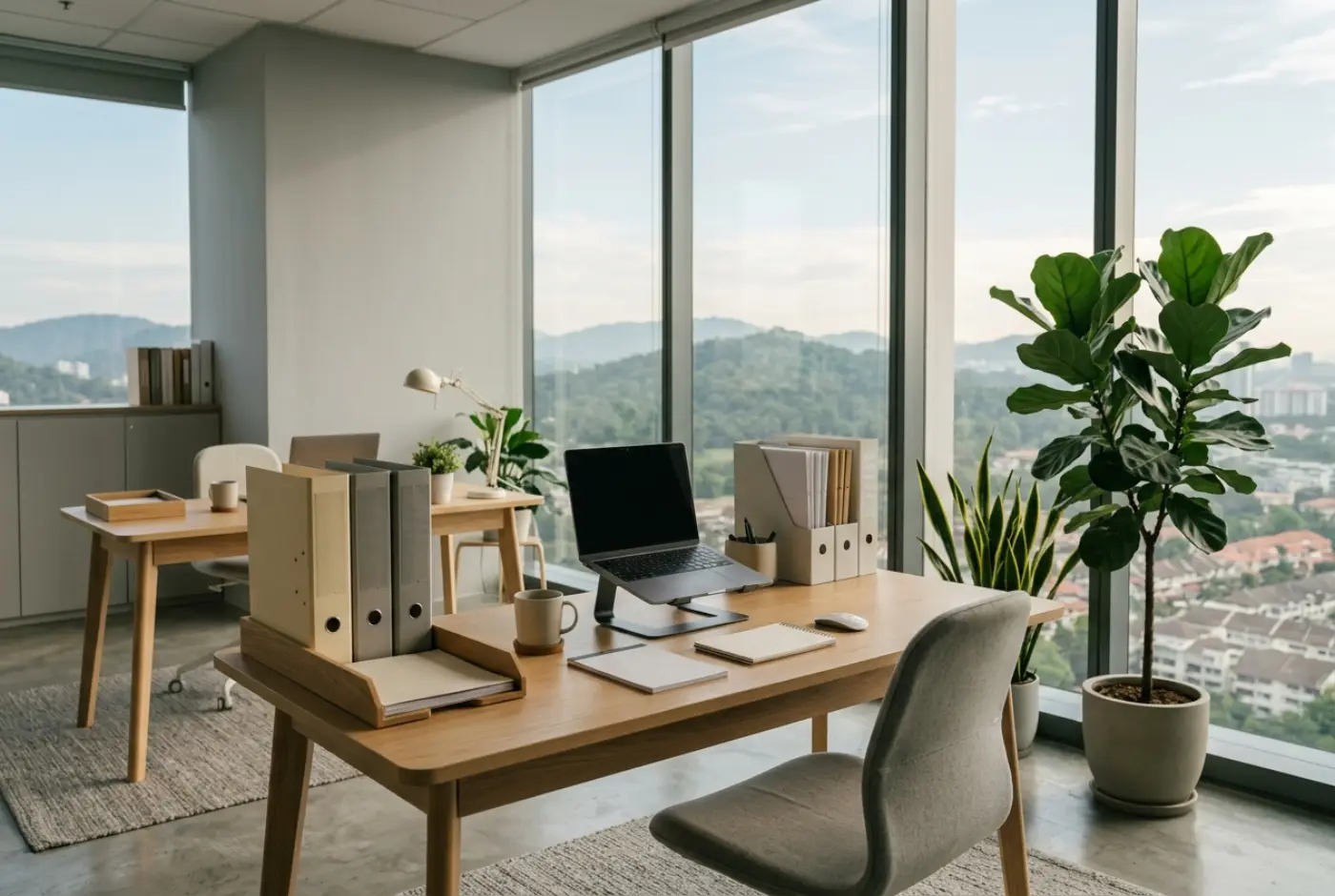 Menara Damansara 的 AcuBooks 办公室内部，橡木办公桌与窗外的白沙罗山景