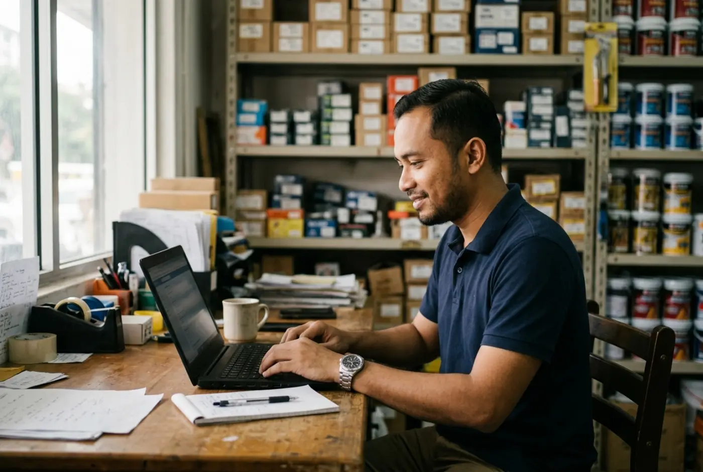 A hardware shop owner in Petaling Jaya working on his laptop in the shop office