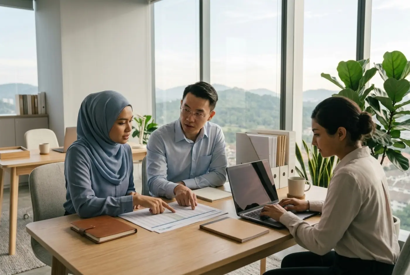 Nur Aisyah、Steven 与 Priya 在 AcuBooks 办公室一同核对打印的表格